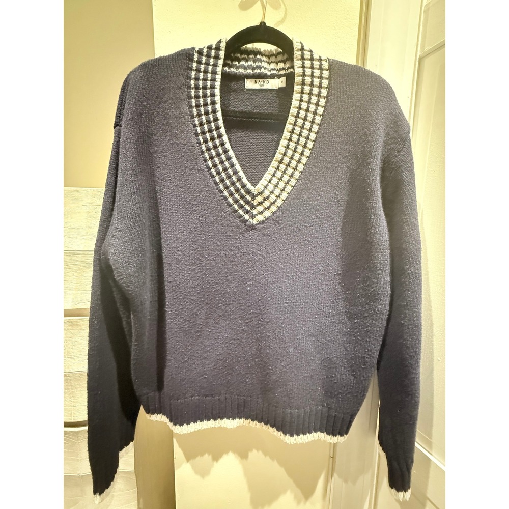 NA-KD Womens Navy Blue V-Neck Sweater Checkered Trim Varsity Pullover Medium